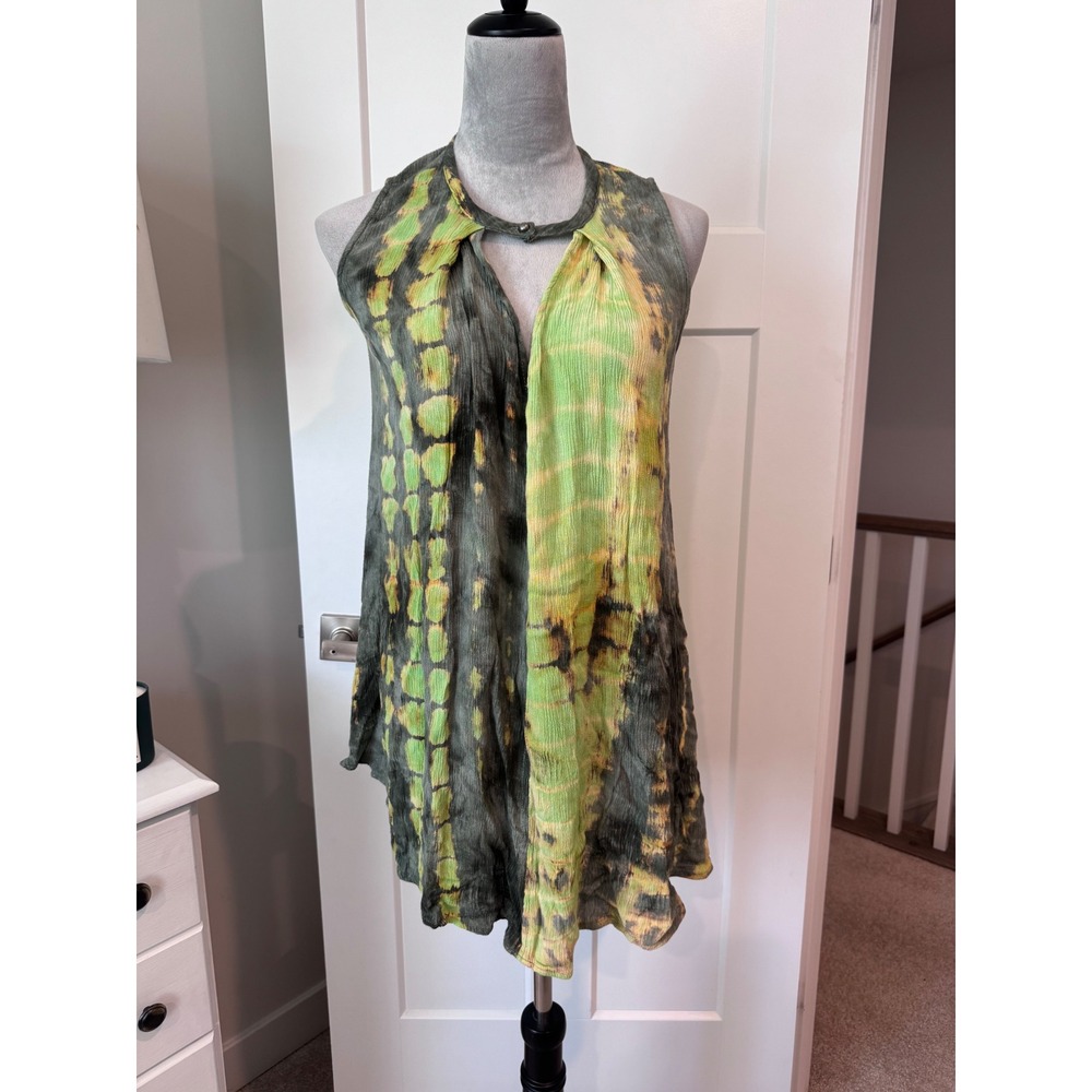 Umgee USA Womens Small Tie Dye Crinkle Gauze Sleeveless Tunic Top Green Yellow